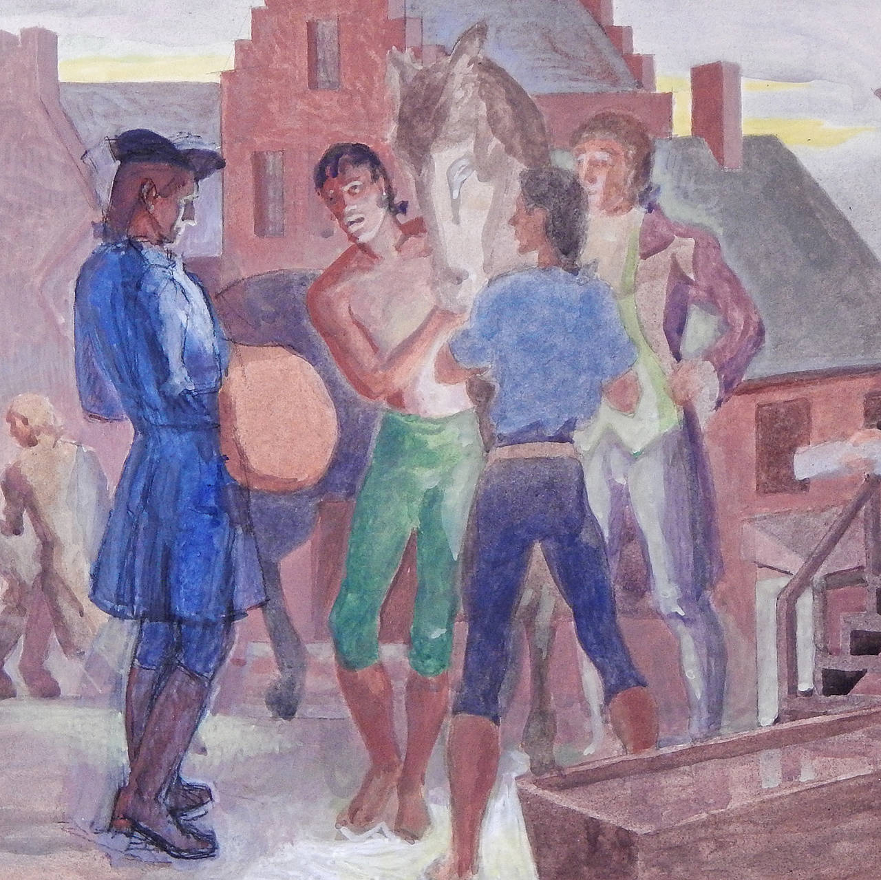 Ricco di atmosfera, colori intensi e drammaticità, questo studio murale di Dunbar Beck è stato eseguito in preparazione alla pittura dell'atrio dell'Ufficio Postale degli Stati Uniti a Danvers, nel Massachusetts. Fino a quando non divenne