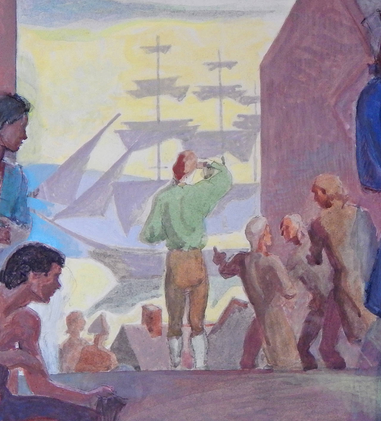 Art déco « Le retour de Timothy Pickering », peinture murale d'étude de la WPA, 1939 en vente
