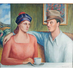 Vintage "Sipping Coffee, " Social Realist Painting by Rodda, 1930