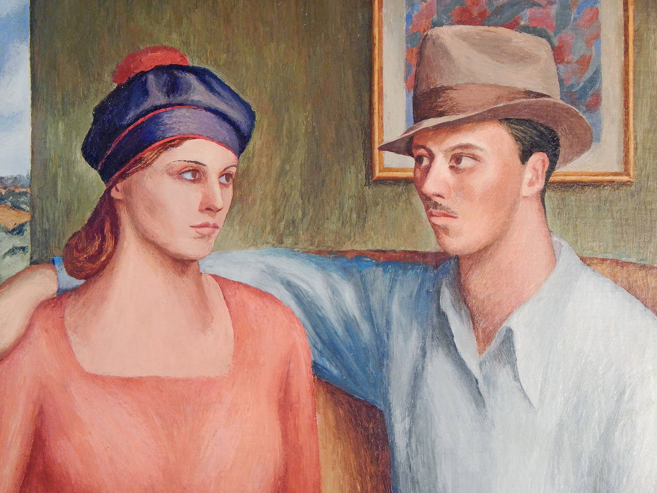 A very fine example of Social Realism at the outset of the Great Depression, this painting captures a couple quietly sipping coffee at the kitchen table, gazing steadily into each other's eyes, framed by a painting on the wall and a view of the