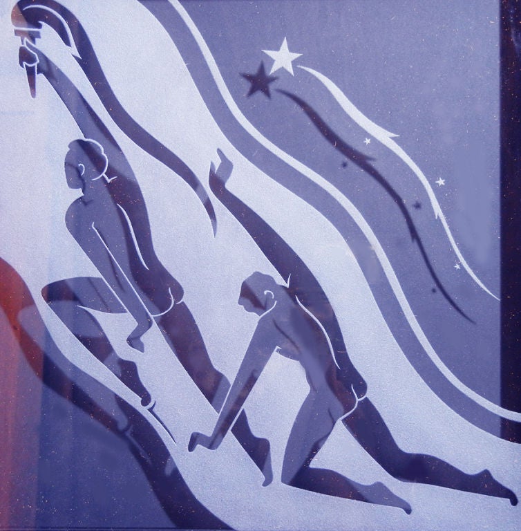 "Torchbearers, " Art Deco etched glass panel with Nude Males