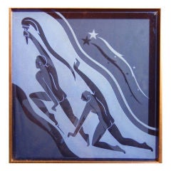 "Torchbearers, " Art Deco etched glass panel with Nude Males