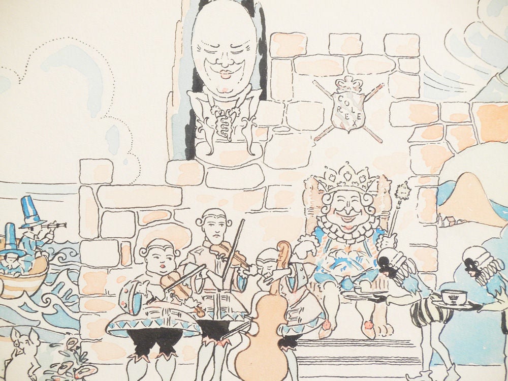 Diese bezaubernde und liebevolle Darstellung von Mutter Gans Kinderreimfiguren - darunter Humpty Dumpty, The Old Woman Who Lived in a Shoe, The Three Little Pigs und Old King Cole - wurde 1933 von Maurice Greenberg, einem Illustrationskünstler,
