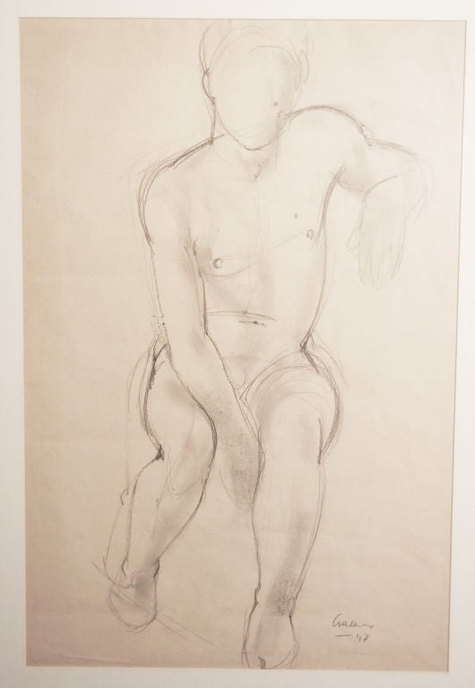 Clearly created by a master, this pencil drawing of a nude male figure is signed and dated 1947.  The diffused lines and areas of rubbed pencil and erasure give this drawing a complex, plastic character.
