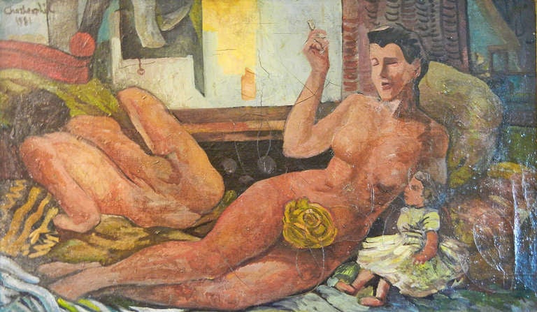 Suffused with both sensuality and alienation, this large oil painting depicts a couple in the bedroom, the female figure poised with a head of cabbage and a doll, and her lover -- evidently a male, again nude -- turned away.  Full of rich reddish