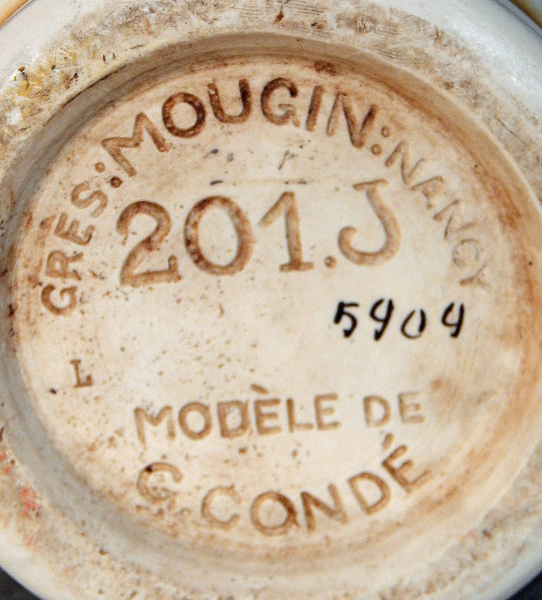 Metà XX secolo Superbo vaso Art Deco con motivo di uccelli tropicali, George Condé per Mougin, Francia in vendita