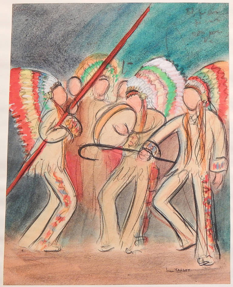 Evidence of Western Europe's fascination with Native American culture, dress and way of life for over a century, this vivid drawing uses watercolor, gouache and crayon to capture a group of six American Indians performing a ritual dance, complete
