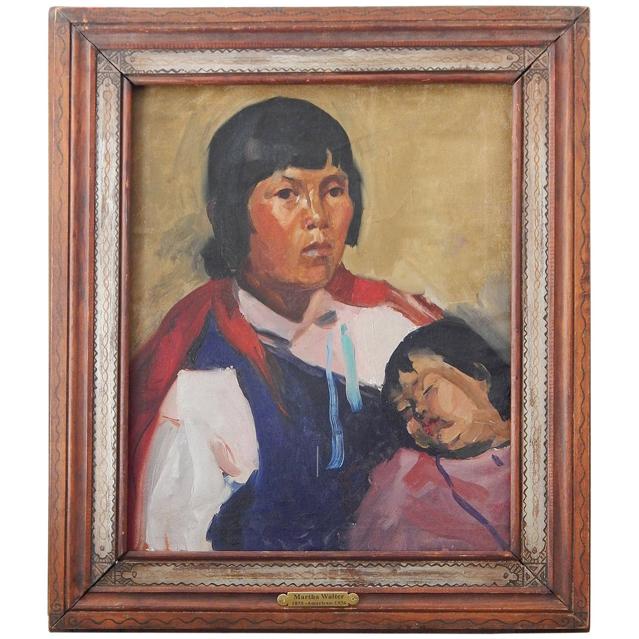 "Mère et enfant Navajo", peinture de Martha Walter avec cadre fait à la main