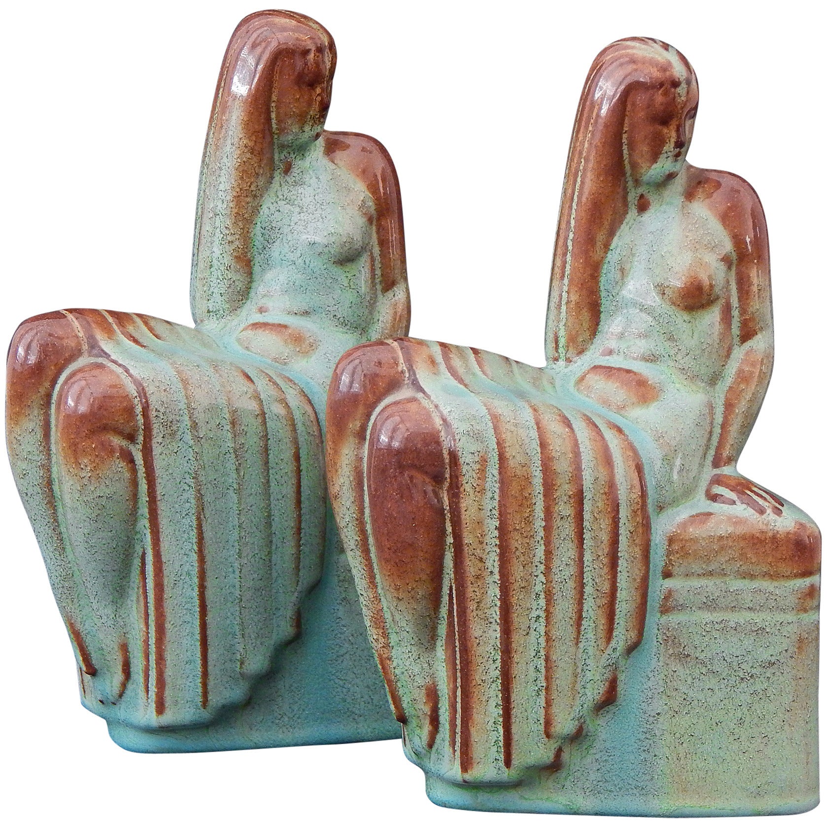 Rare Art Deco Bookends with Female Nudes by Chester Nicodemus, 1940s