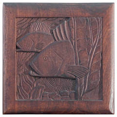 "Fish and Seaweed," Art Deco Bas Relief Panel, Sculpted Walnut