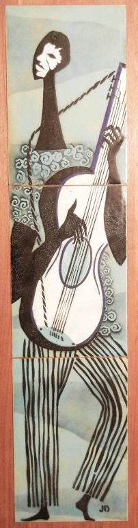 Américain « Guitar Player », panneau d'émail du milieu du siècle dernier sur noyer en vente