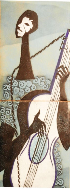 « Guitar Player », panneau d'émail du milieu du siècle dernier sur noyer Excellent état - En vente à Philadelphia, PA