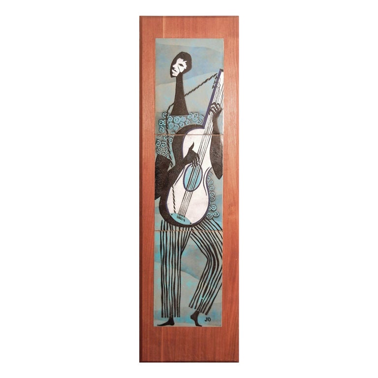 "Guitar Player, " mid-century enamel panel on walnut