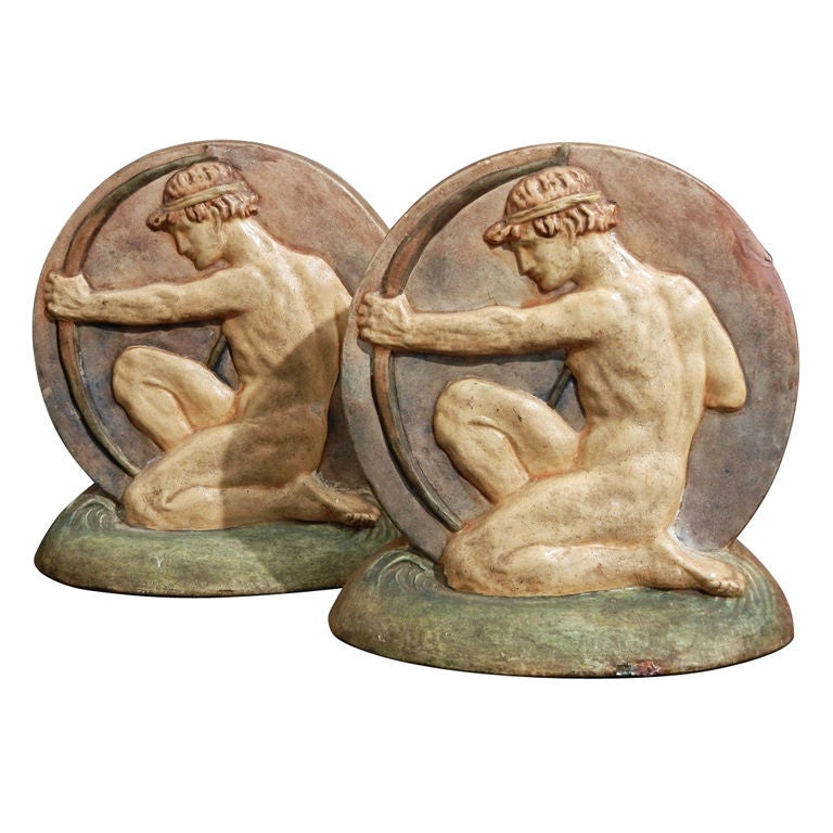 Rare Art Deco Bookends by Compton Pottery with Nude Male Archer