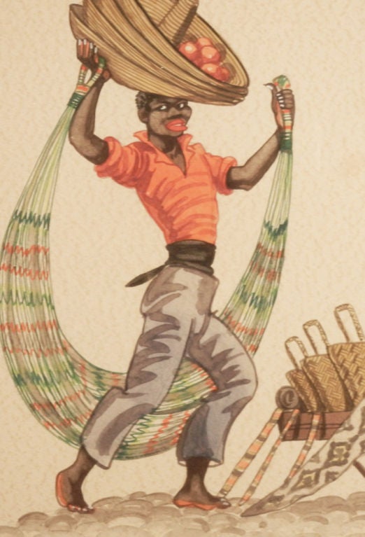 Pintada caprichosamente por un artista estadounidense trasplantado a Argentina, esta representación de dos vendedores de sombreros, hamacas y telas en Salvador, Brasil, está llena de color y energía. La artista, Ada Peacock, nació en el Medio Oeste