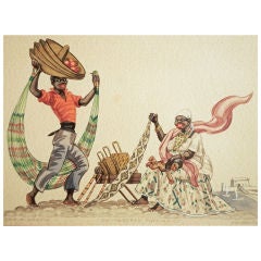 "Port Vendors, " Art Deco Painting of Scene in Bahia, Brazil