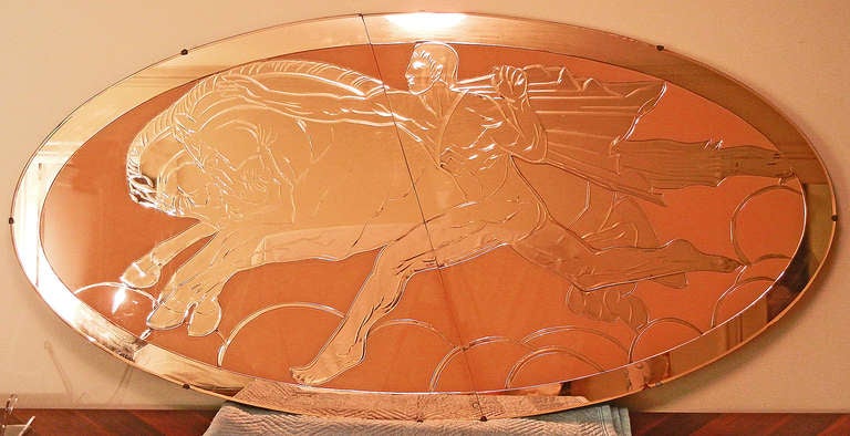 "Nude Apollo with Horses, " Spectacular, Large Art Deco Mirror