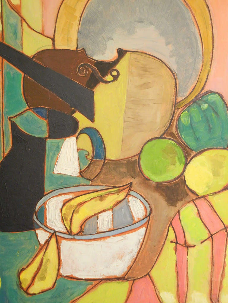 Finely done, this late example of American cubism depicts a violin, water jug, and bowl of fruit, using a palette of lime greens, pinks and yellows popular in the 1950s.