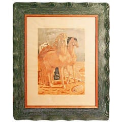 "Horses on the Shore, " De Chirico print with Original Cerused Frame