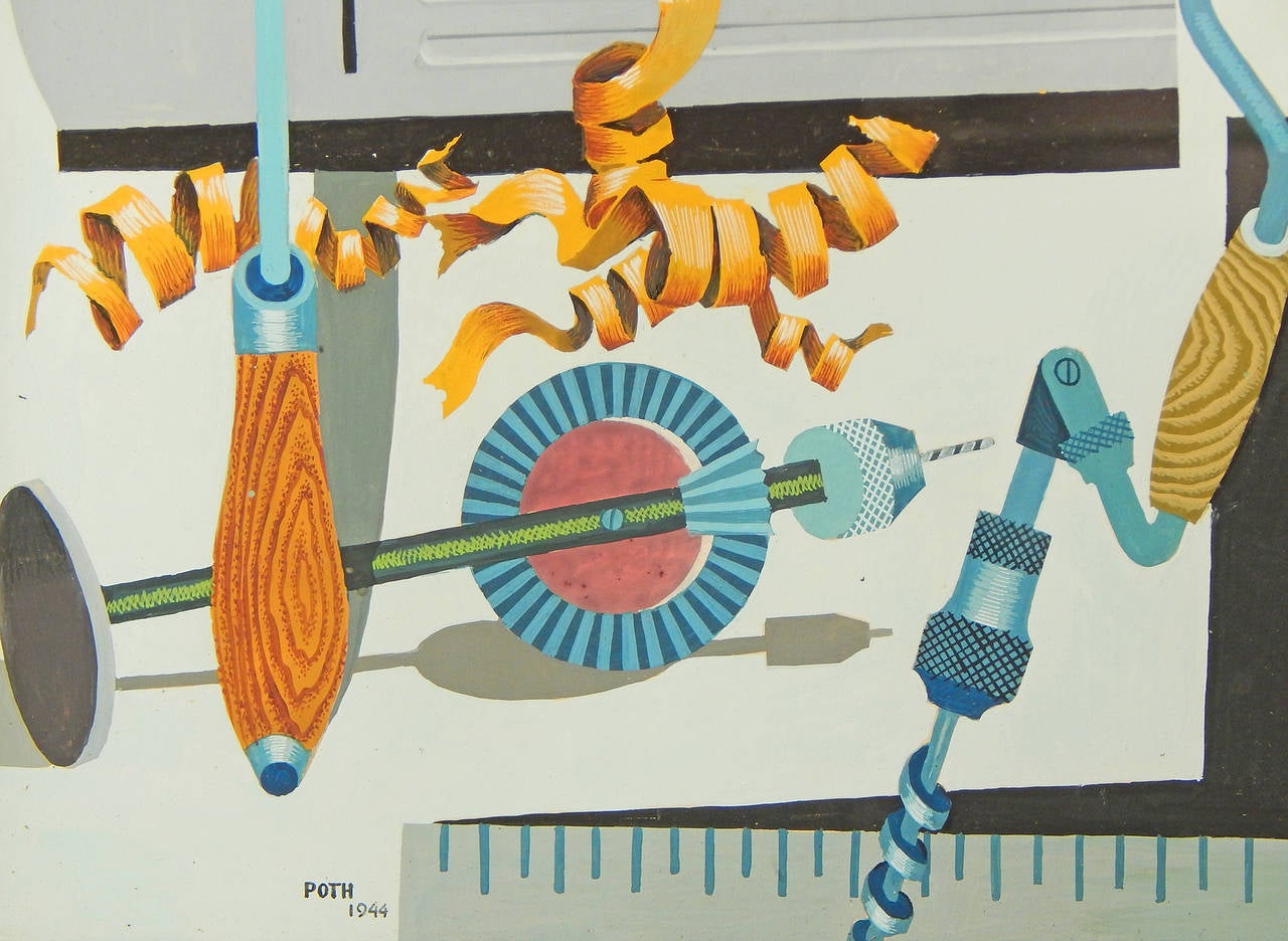 Very much in the tradition of Gerald Murphy and his contemporaries who depicted a series of related objects together, flattening the perspective and suggesting interesting geometries and relationships, this superb painting by Hal Poth depicts