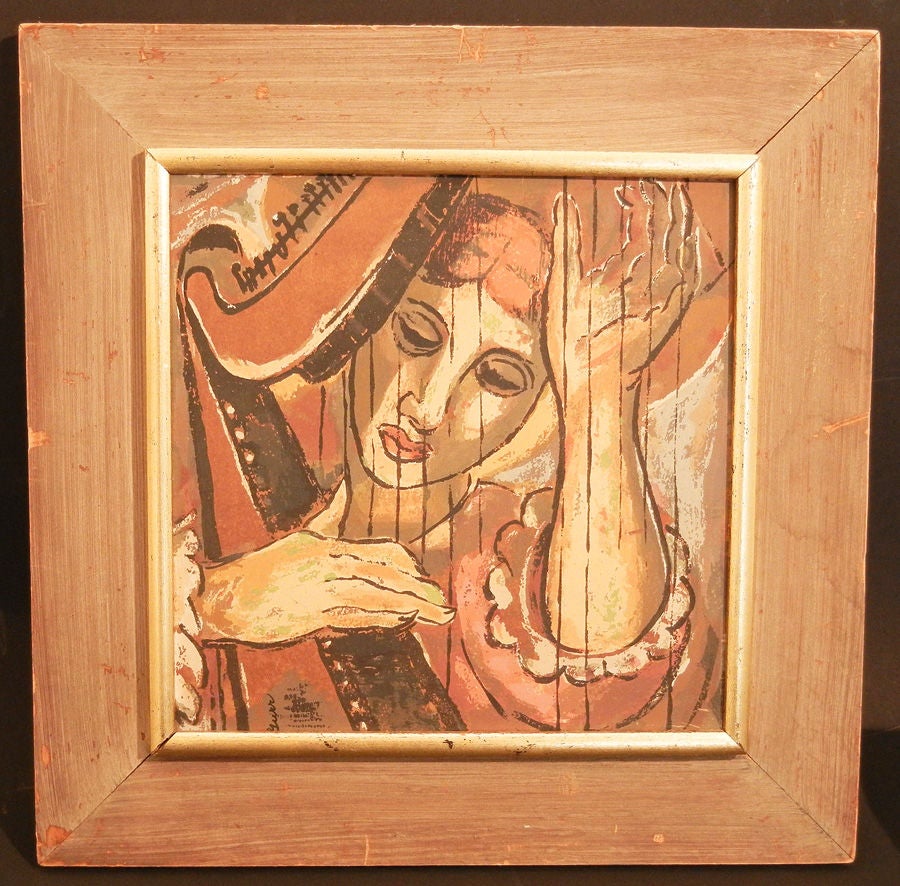 Beautifully framed and crafted, this tightly-cropped view of a female harpist, seen through the strings of her instrument, was painted by Lena Gurr, a New York artist.  Her rich palette is complemented by the original weathered frame.
