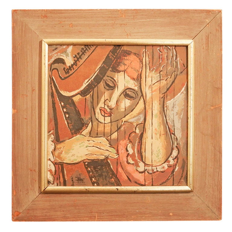 "Harpist, " 1930s Serigraph by Lena Gurr For Sale