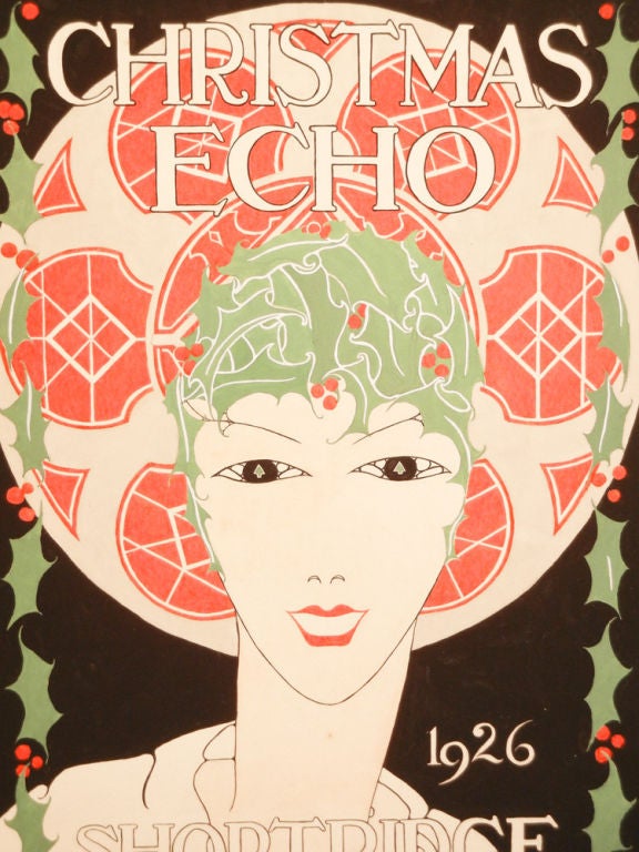 Ein Gouache-Gemälde eines eleganten Flappers in lebhaften Rot- und Grüntönen von Jane E. Messick für die Weihnachtsausgabe 1926 des Magazins 
