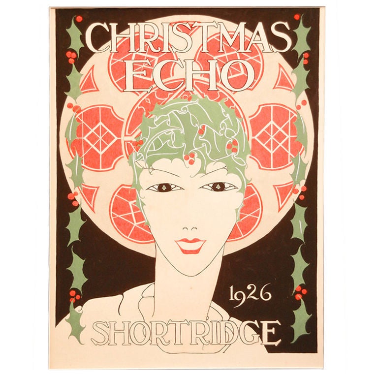 Original Art Deco Gouache Painting w/ Christmas Theme, 1926