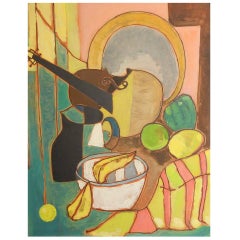 "Cubist Still Life with Violin, " Late Cubist Painting in Pink, Green and Yellow