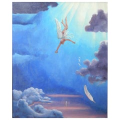 Vintage "Icarus Falling, " Painting by Kyra Markham, Genre Scene Artist, Sky Blue