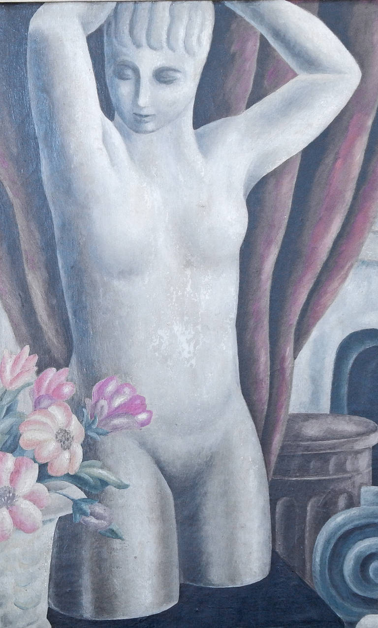 „Klassischer Akt mit Blumen und Tempel“, bedeutendes Gemälde aus der WPA-Periode (amerikanisch) im Angebot