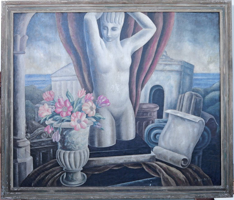 Exhibited at the Thirteenth Exhibition of Contemporary American Painting at the Cleveland Museum of Art in 1933, this large WPA-influenced painting by Arthur D. Brooks depicts a nude female torso in a classical setting, complete with columned temple