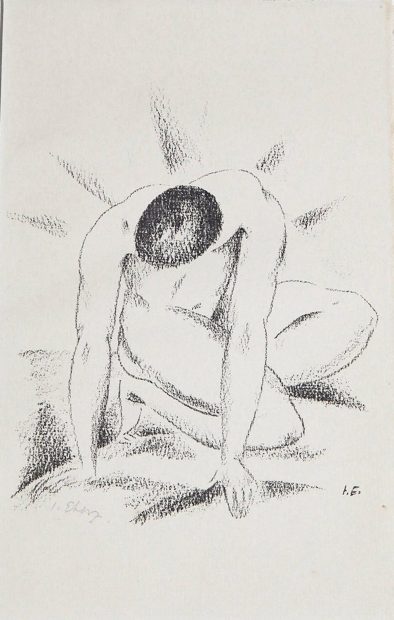 One of Germany's great inter-war Expressionists, strongly influenced by Cubism, Josef Eberz painted a number of brilliantly-hued, high-energy paintings as well as a series of prints and lithographs.  This example of a kneeling male nude, one of a