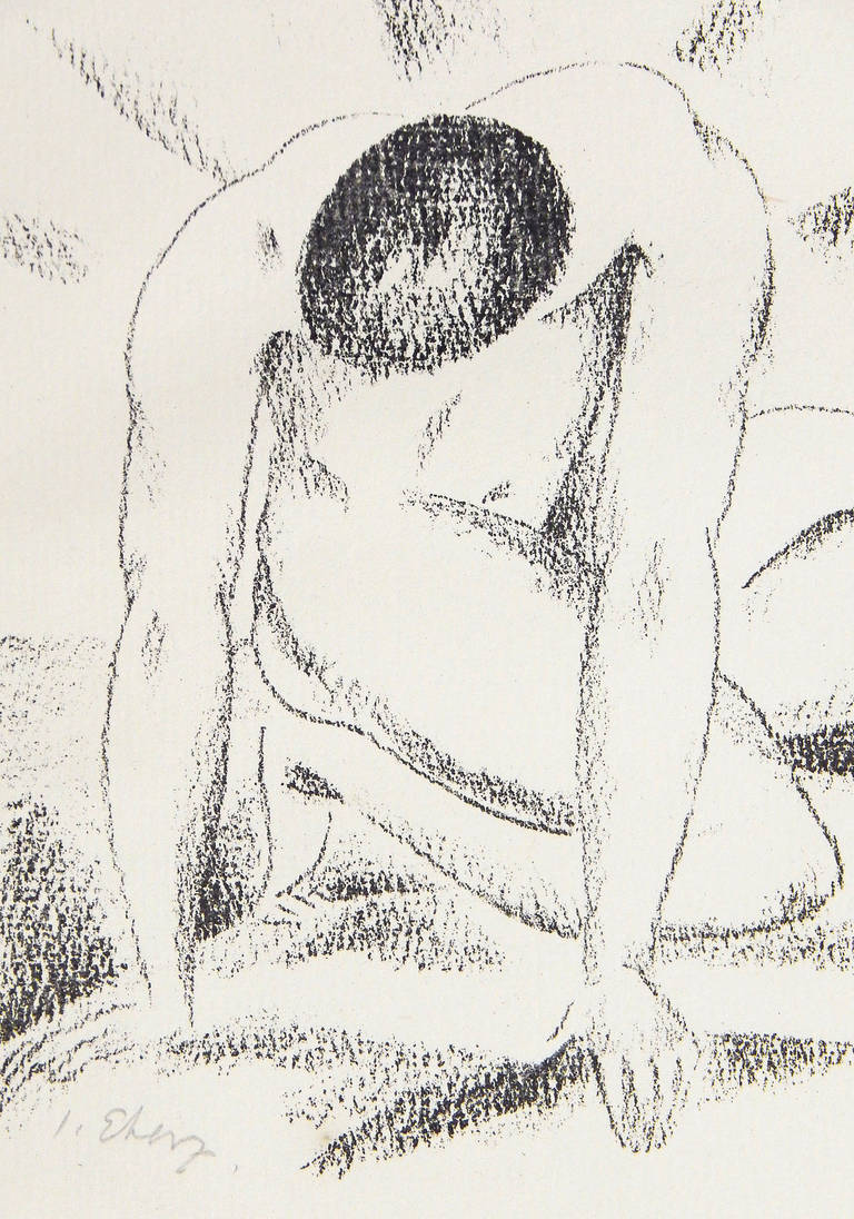 „Kneeling Male Nude“, seltener und wichtiger Druck, signiert von Josef Eberz (Expressionismus) im Angebot