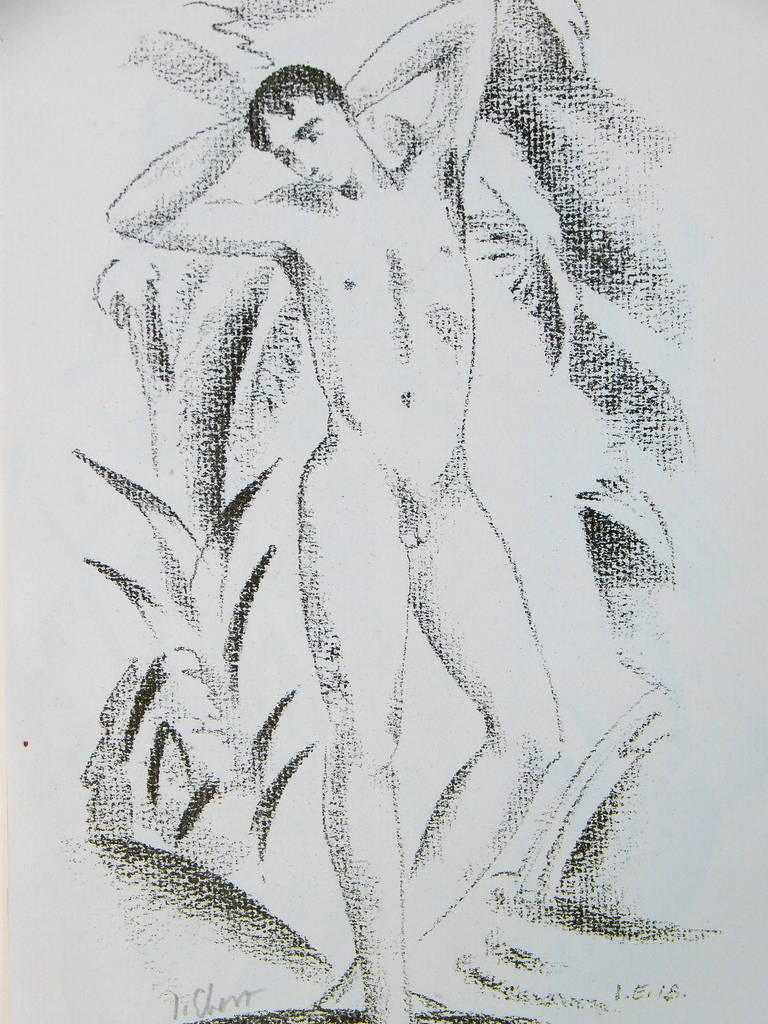 One of Germany's great inter-war Expressionists, strongly influenced by Cubism, Josef Eberz painted a number of brilliantly-hued, high-energy paintings as well as a series of prints and lithographs. This example of a standing male nude, one of a