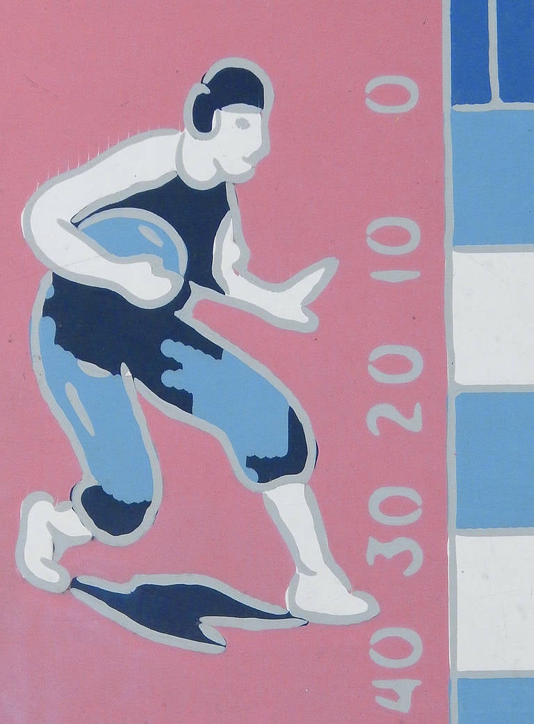 Grafisch stark und sehr ansprechend ist diese stilisierte Darstellung eines Football-Feldes und zweier Spieler. Es handelt sich um eine Original-Linoleumplatte, die von der Armstrong Company in Lancaster, Pennsylvania, hergestellt wurde und für ein