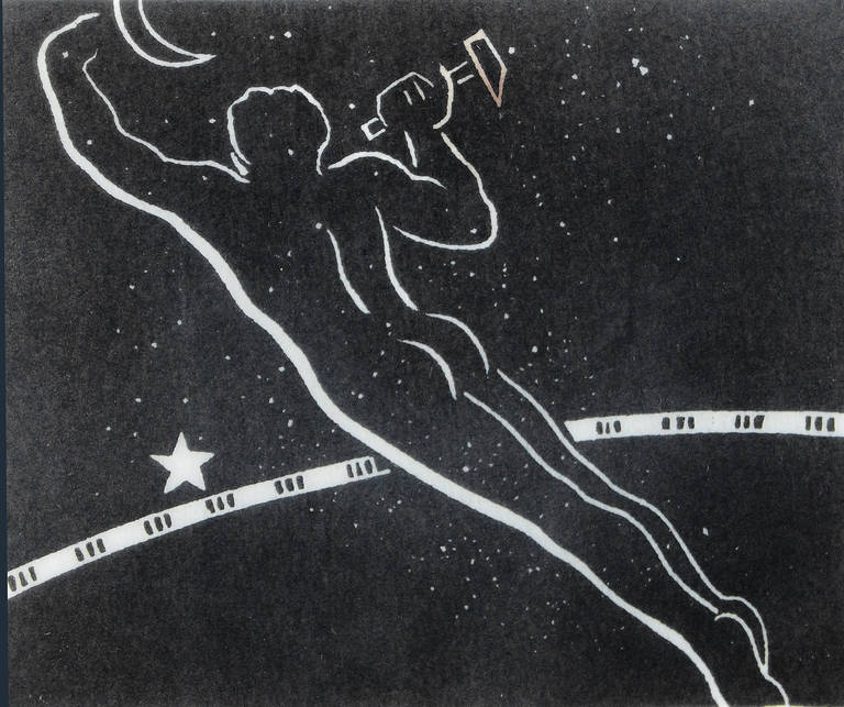 A classic example of stylized Art Deco design, this rare print by Stephen de Hospodar depicts a male nude floating above the earth's edge, hammering out the crescent moon.  De Hospodar was born in Hungary, and after moving to America did set designs