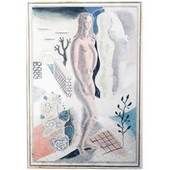 Vintage "Nude in Surreal Landscape, " Important Art Deco Painting by Radio City Artist