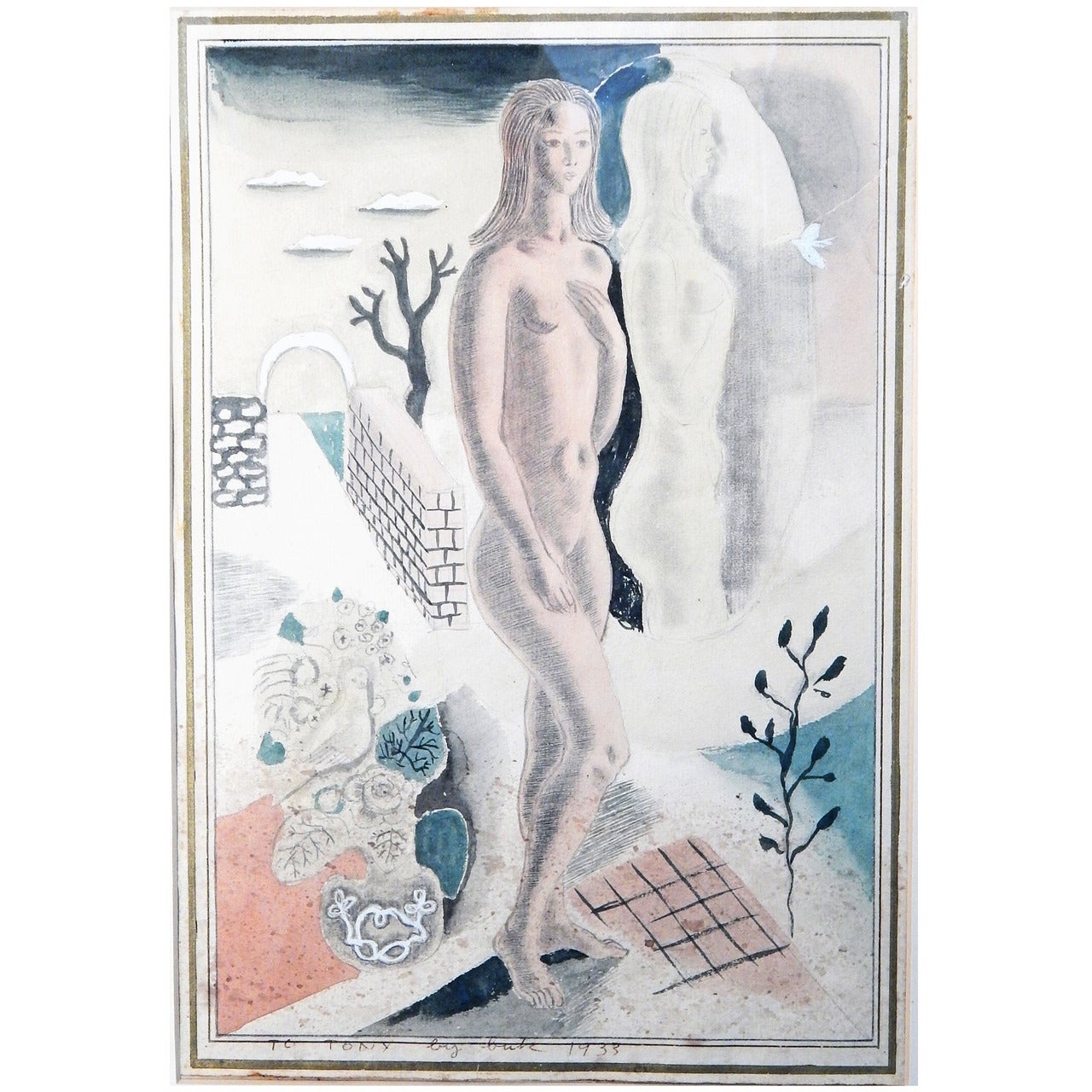 "Nude in Surreal Landscape, " Important Art Deco Painting by Radio City Artist