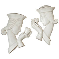 "Jack and Queen of Hearts,"Pair of Bas Reliefs, Art Deco 8