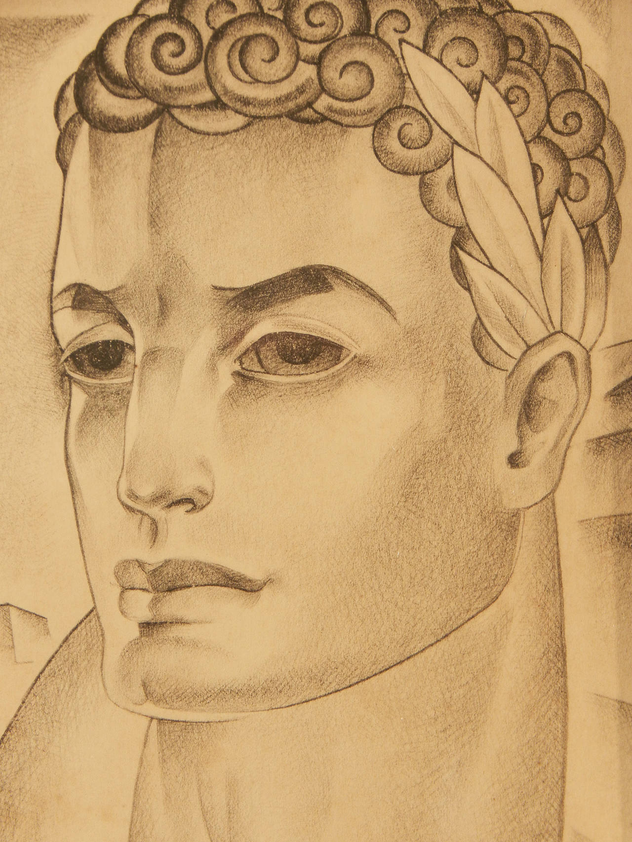 Beautiful and imperious, icy and seductive, this pair of original drawings depict a pair of impossibly perfect male and female heads, each with laurel sprigs behind their ears, and with abstracted Art Deco landscapes behind them.  The male figure