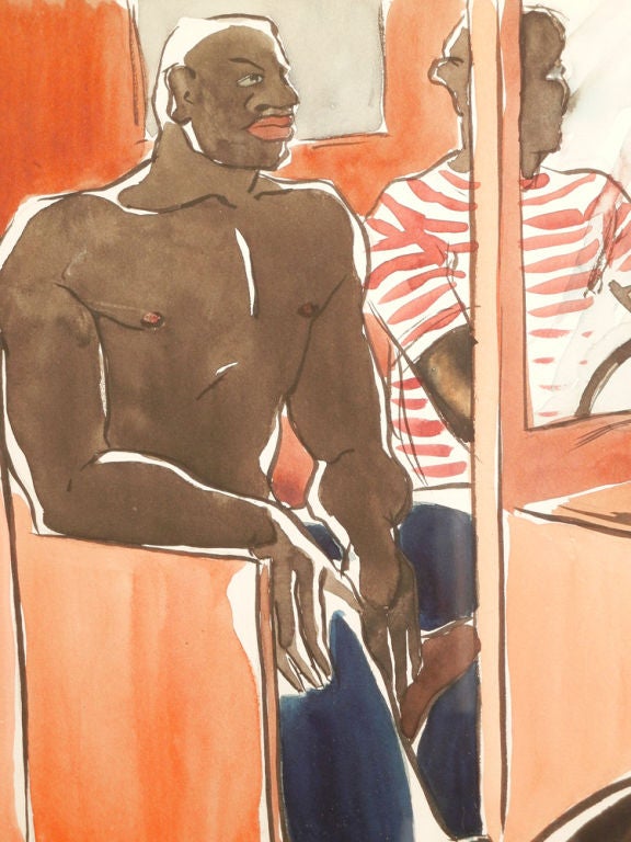 Painted with bravura, this image of shirtless black laborer in the passenger seat of a truck, accompanied by his coworker in a striped t-shirt, is marked by rich, saturated colors and a strong sense of place.  The painting has been framed in a