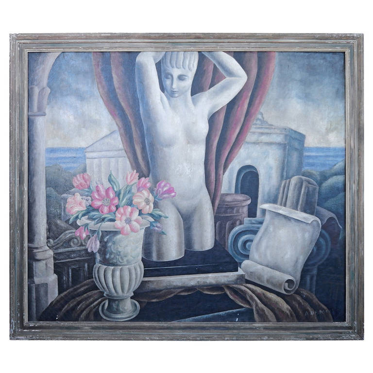 "Nu classique avec fleurs et temple ", importante peinture d'époque de la WPA