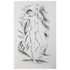 „Standing Nude with Upraised Arms“, bedeutender Art-Déco-Druck von Eberz „Standing Nude with Upraised Arms“, bedeutender Art-Déco-Druck von Eberz