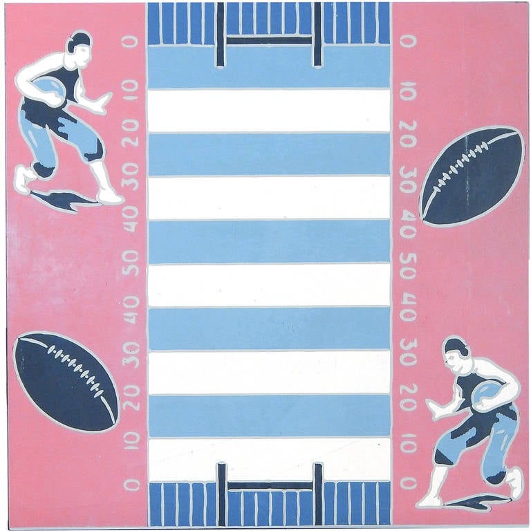 Football Field, panneau de linoléum rare monté sur bois, vers 1930