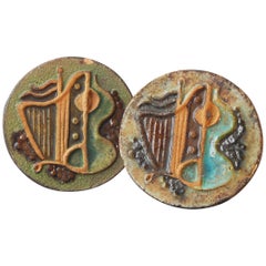 "Harp and Guitar, " Fabulous Cubist-Art Deco Bas Relief Plaques, Terra Cotta