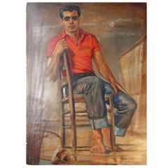 "Jeune en polo rouge ", portrait d'un homme assis, années 1950