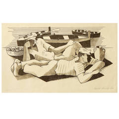 Vintage "Lounging Sailors, " Rare Art Deco Print with Cubist Influence, 1942, Kinzinger