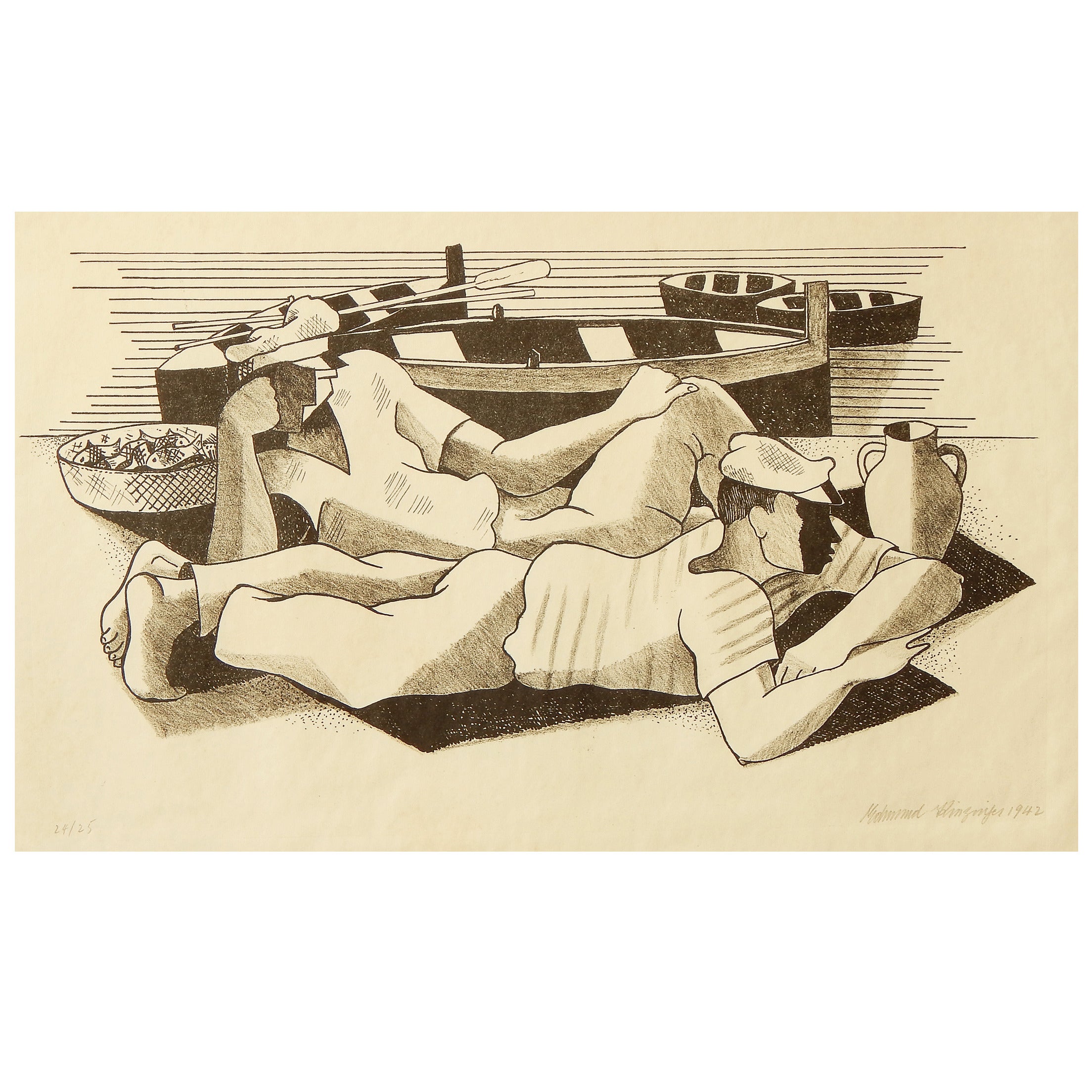 "Lounging Sailors, " Rare Art Deco Print with Cubist Influence, 1942, Kinzinger