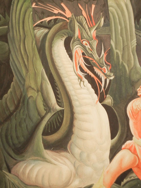 Diese meisterhaft gemalte Szene eines exotischen Ritters, der gegen einen furchterregenden Drachen kämpft, ist voller Energie, und der Künstler hat eine lebhafte Palette von Grün-, Korallen- und Elfenbeintönen verwendet.  Zweifellos zur Illustration